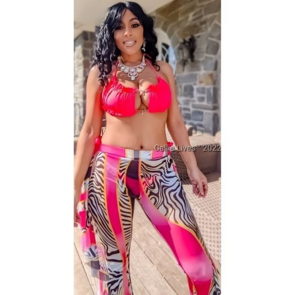 Stasia Booblicious Neon Coral Dangling Rhinestone Charm String Bikini - Picture 5 of 12